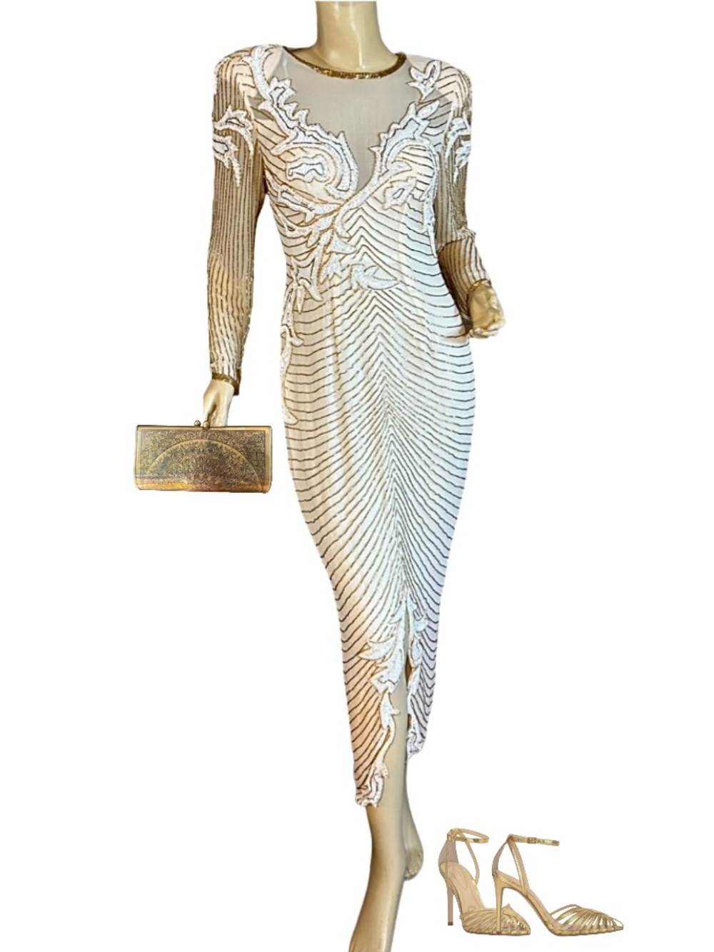 VINTAGE A.J. BARI CREAM & GOLD SEQUIN SILK COCKTAIL DRESS (6)